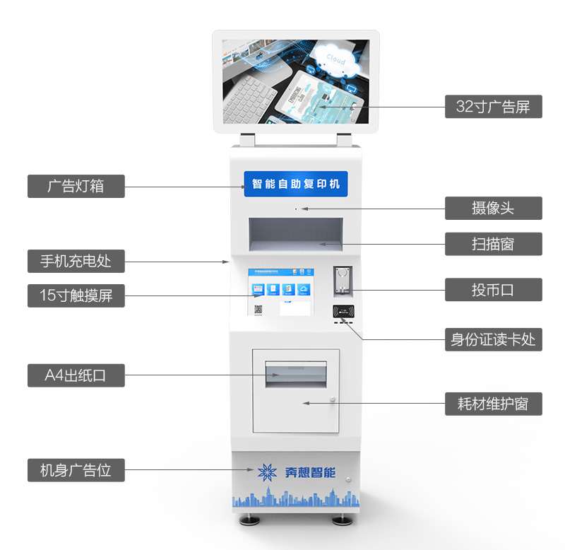 廣告燈箱、觸摸屏、掃描窗、攝像頭、投幣口、身份證讀卡、液晶廣告屏、手機(jī)免費(fèi)充電、A4紙口