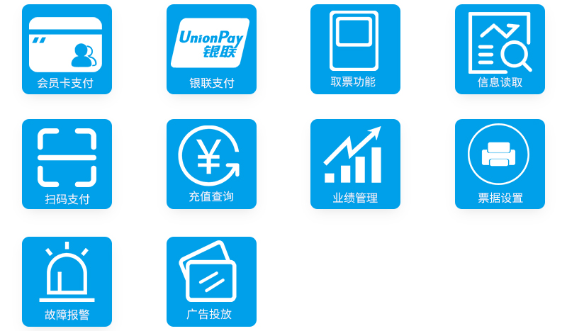 會員卡支付 銀聯(lián)支付 取票功能 信息讀取 掃碼支付 充值查詢 業(yè)績管理 票據(jù)設(shè)置 故障報警 廣告投放-廣州磐眾智能科技有限公司