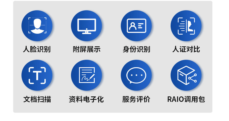 設(shè)備功能介紹-人臉識(shí)別-附屏展示-身份證識(shí)別-人證比對(duì)-文檔掃描-資料電子化-服務(wù)評(píng)價(jià)-RAIO調(diào)用包-廣州磐眾智能科技有限公司